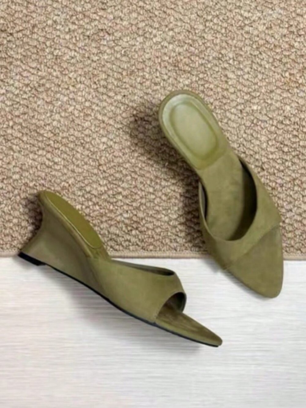 Dark Green Casual Women's Pointed Toe Wedge Slide Sandals - Picture 9 of 11